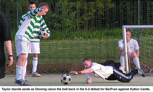 Craig Dinning claws at the ball as he makes another save, in vain, during BarPure's 6-2 defeat against Hylton Castle
