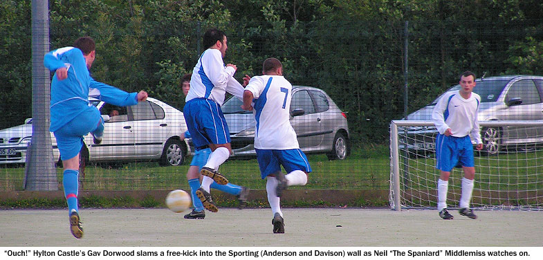 Sporting Redhouse 4 Hylton Castle 1. Gav Dorwood fires in a free-kick for Hylton against the two-man Sporting wall