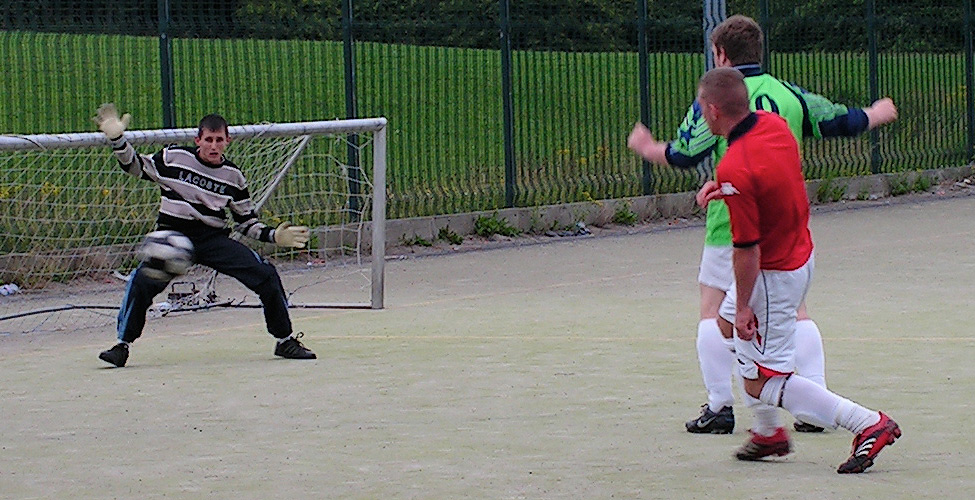 Tyson fires in a shot against Hendon Rover's new and impressive goalkeeper - straight from school.
