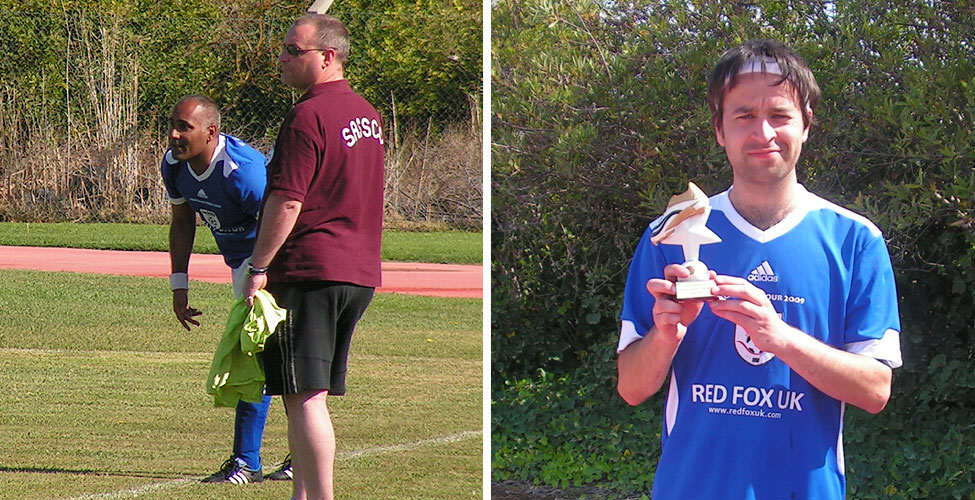 Sangha takes one of his long(ish) throws and Dave Gourlay shows off the gift from the opponents.
