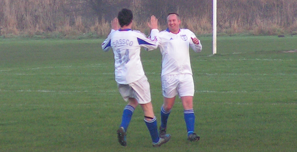 Langan celebrates his superb goal, which put Sassco 2-0 ahead in the first half.